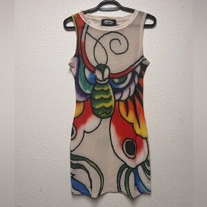 ED HARDY x SIBERIA HILLS Leopard Print Tattoo Butterfly Sheer Mesh Mini Dress M